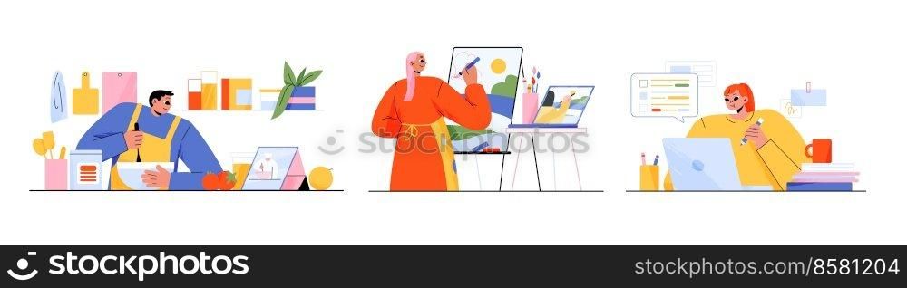 Online education, digital technologies for training and study. People learning in distance courses, cooking food, paint on easel, study in Internet, vector flat illustration. Online education, people study cookina and paint