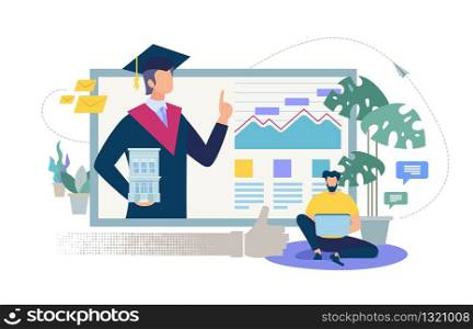 Online Education, Distance Learning, Internet University or Collage Flat Vector Concept. Man Watching Online Courses on Laptop, Student in Graduation Hat and Mantle on Computer Monitor Illustration