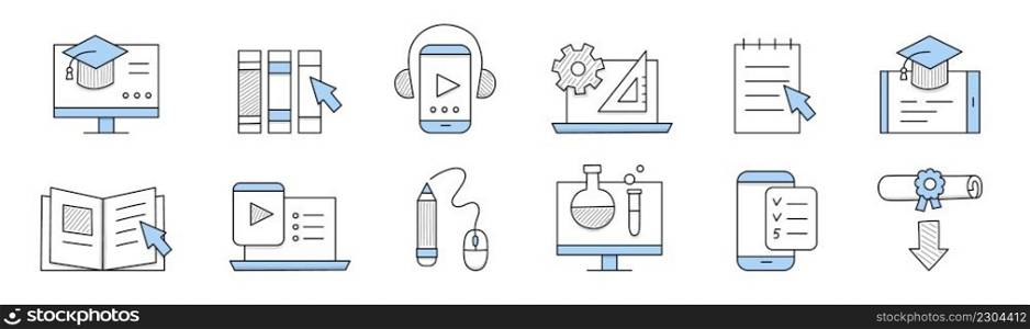Online education doodle icons pc desktop with academic cap, pointer and files folders or textbook, smartphone with headset and play button, laptop with protractor and gear Line art vector illustration. Online education doodle icons, isolated elements