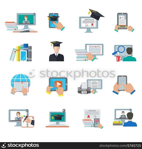 Online education e-learning digital graduation flat icon set isolated vector illustration