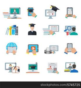 Online education e-learning digital graduation flat icon set isolated vector illustration