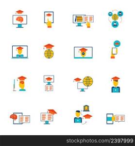 Online education e-learning distance training and graduation icons flat set isolated vector illustration