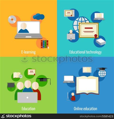 Online education e-learning flat webinar digital school icons set isolated vector illustration