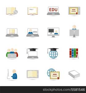 Online education e-learning flat webinar digital school icons set vector illustration