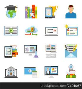 Online education e-learning it electronic technology flat icons collection with internationally recognized diploma isolated vector illustration . Online Education Flat Icons Set