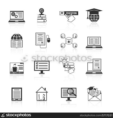 Online education e-learning knowledge resources icons black set isolated vector illustration