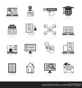 Online education e-learning knowledge resources icons black set isolated vector illustration