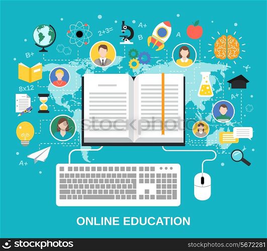 Online education e-learning science concept with book computer and studying icons vector illustration