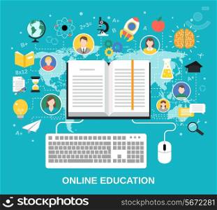 Online education e-learning science concept with book computer and studying icons vector illustration
