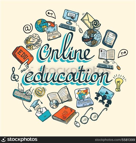 Online education e-learning science sketch concept with computer and studying icons vector illustration