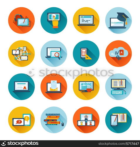 Online education e-learning university webinar student seminar graduation flat icons set vector illustration