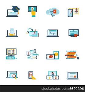 Online education e-learning video tutorial training flat icons set vector illustration