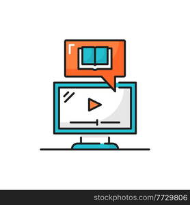 Online education, encyclopedia on computer display isolated color line icon. Vector encyclopedia on computer display. instruction guide how to use catalogue. Remote access to electronic library. Digital book and computer screen isolate line icon