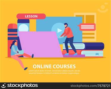 Online education flat background composition with doodle images of computers content and books with human characters vector illustration