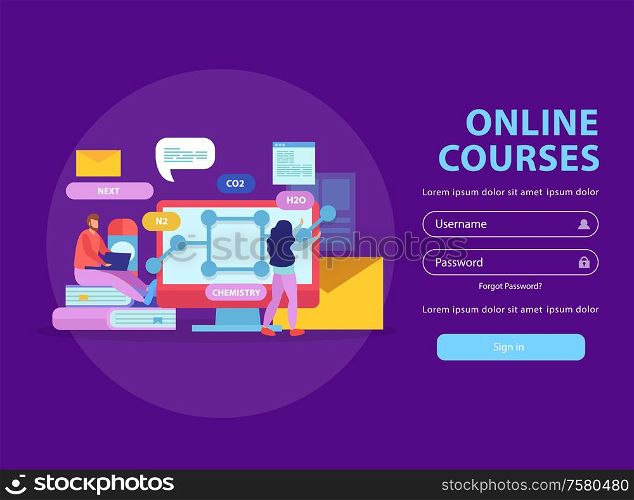 Online education flat background website login page with sign in button fields for username and password vector illustration