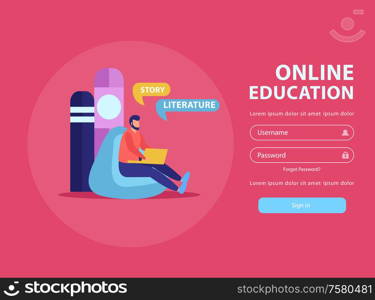 Online education flat background website sign in page with doodle images editable text and clickable button vector illustration