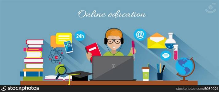 Online education flat design concept. Online learning, e-learning and online training, webinar and online class, internet web technology, book and computer, knowledge media illustration
