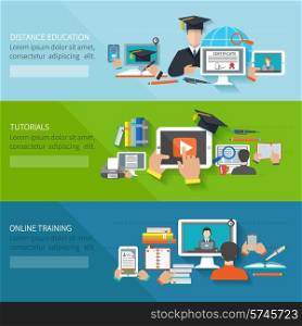 Online education flat horizontal banner set with distance tutorials and training elements isolated vector illustration