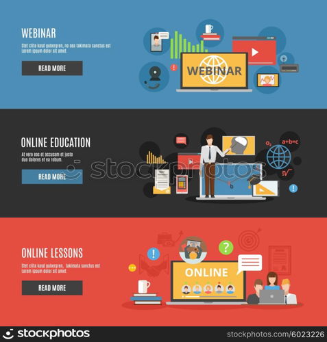 Online Education Flat Horizontal Banners. Online education flat horizontal banners with online lessons and webinar decorative icons vector illustration