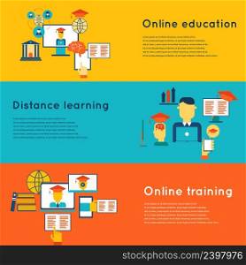 Online education flat horizontal banners set with distance learning and training elements isolated vector illustration