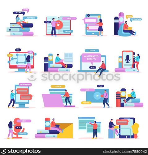 Online education flat icons collection with sixteen compositions of doodle human characters gadgets books and pictograms vector illustration