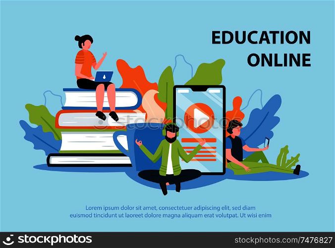 Online education flat poster with young people participating in web seminar and teacher giving lecture distantly vector illustration