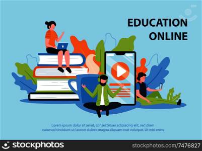 Online education flat poster with young people participating in web seminar and teacher giving lecture distantly vector illustration