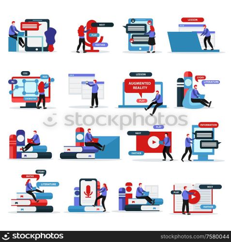 Online education flat recolor collection of sixteen isolated images with books computers message bubbles and people vector illustration