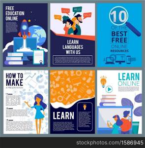 Online education flyers. Brochure cover template of internet distance learning webinar presentation posters template. Illustration of brochure or flyer, webinar online, distance education. Online education flyers. Brochure cover template of internet distance learning webinar presentation posters template