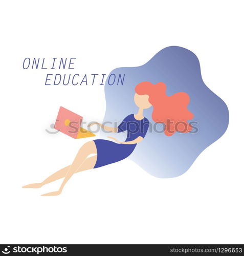 Online education girl student with lapto flating. Template design concept for web and print. Distance learning with internet.