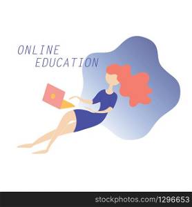 Online education girl student with lapto flating. Template design concept for web and print. Distance learning with internet.