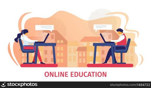 Online Education Horizontal Banner. Male and Female Student Characters Sitting at Desks Face to Face Working with Laptop, Learning and Studying Courses in Internet. Cartoon Flat Vector Illustration. Online Education Horizontal Banner