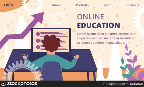 Online Education Horizontal Banner. Young Man Sitting at Table Working on Computer, Student Gaining Knowledges Distant in University or College. E-learning Process. Cartoon Flat Vector Illustration. Online Education Banner Distant E-learning Process