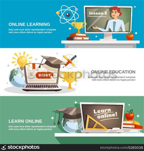 Online Education Horizontal Banners. Online education horizontal banners with professional lecturer gives lessons on internet flat vector illustration