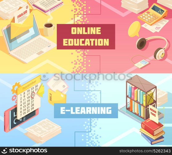 Online Education Horizontal Isometric Banners. Online education horizontal isometric banners with mobile devices, electronic information, audio learning, tutorials, calculator isolated vector illustration