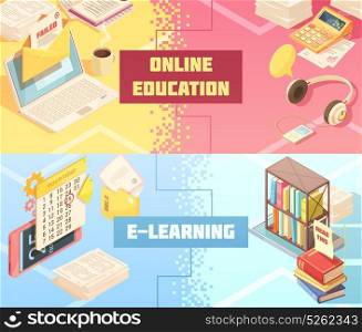 Online Education Horizontal Isometric Banners. Online education horizontal isometric banners with mobile devices, electronic information, audio learning, tutorials, calculator isolated vector illustration
