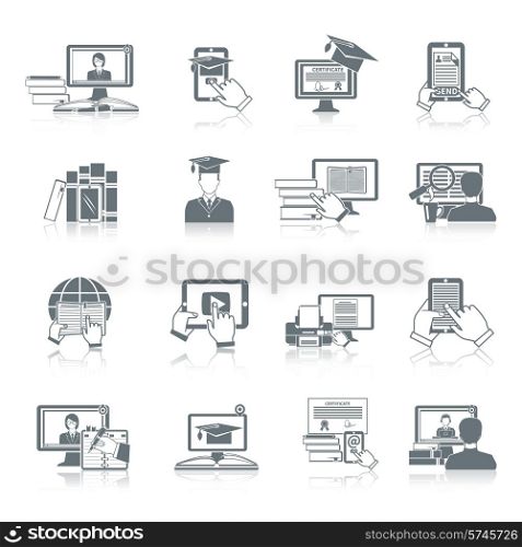 Online education icon black set with distance research digital tutorials and testing symbols isolated vector illustration