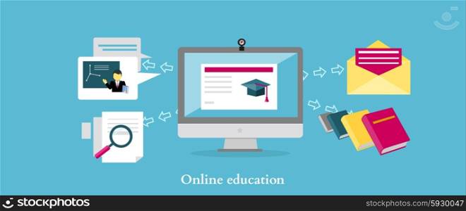 Online education icon flat design style. University web, school knowledge, training study, e-learning computer internet, science studying, research information illustration