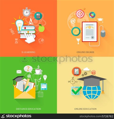 Online education icons flat set with e-learning distance degree isolated vector illustration
