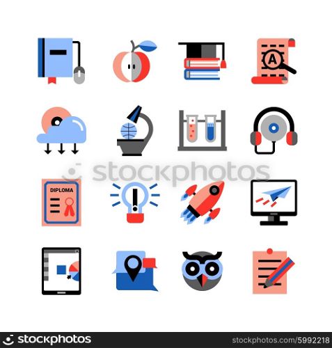 Online Education Icons Set. Flat color online education icons set with touch pad computer studying icons and graduation items isolated vector illustration