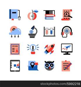 Online Education Icons Set. Flat color online education icons set with touch pad computer studying icons and graduation items isolated vector illustration
