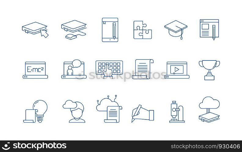 Online education icons. Training study courses college special school with web computer distance tutorials vector linear symbols. Distance training education, icon linear learn illustration. Online education icons. Training study courses college special school with web computer distance tutorials vector linear symbols