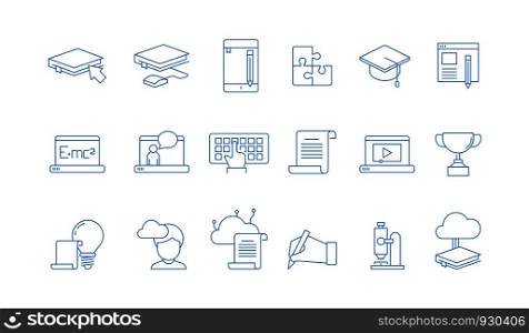 Online education icons. Training study courses college special school with web computer distance tutorials vector linear symbols. Distance training education, icon linear learn illustration. Online education icons. Training study courses college special school with web computer distance tutorials vector linear symbols