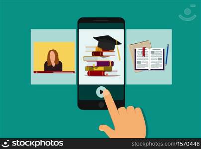 Online education in classroom on mobile. E-learning in school, university with lesson of teacher in video. Flat hand holds phone with training app in college. Electronic library for study. vector. Online education in classroom on mobile. E-learning in school, university with lesson of teacher in video. Flat hand holds phone with training app in college. Electronic library for study. vector.