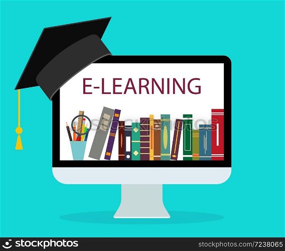 Online education in school. Book in computer. E-learning at home. Online study, teaching concept. Learn new knowledge with technology. Distance education in university. Background for student. Vector.. Online education in school. Book in computer. E-learning at home. Online study, teaching concept. Learn new knowledge with technology. Distance education in university. Background for student. Vector