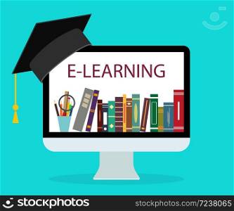 Online education in school. Book in computer. E-learning at home. Online study, teaching concept. Learn new knowledge with technology. Distance education in university. Background for student. Vector.. Online education in school. Book in computer. E-learning at home. Online study, teaching concept. Learn new knowledge with technology. Distance education in university. Background for student. Vector