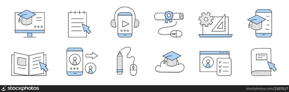 Online education in school, college or university doodle icons. Vector outline signs of e-learning, distant training with book, graduation hat, certificate, computer and mobile phone. Doodle icons of online education, e-learning