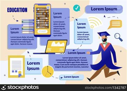 Online Education, Internet Courses, Modern Distance Learning Flat Vector Infographics, Poster, Banner Template with Sample Text, Happy Man in Graduation Hat and Cape, Laptop and Cellphone Illustration