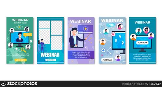Online Education, Internet Webinar for Students Templates for Social Media. Video Training Vector Illustration. Lectures Given by Lecturers Using Laptop or Computer. Join Us. Web Based Seminar.