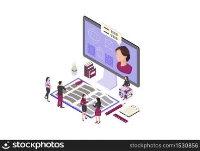 Online education isometric color vector illustration. Distance class. E courses infographic. Video tutorial, e class. Interactive studying, teaching. E learning 3d concept. Isolated design element. Online education isometric color vector illustration